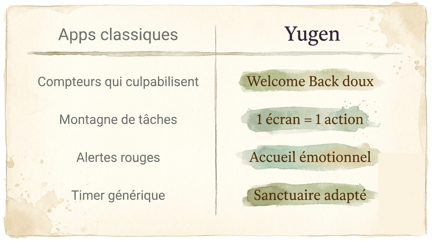 Comparaison entre les apps classiques et Yugen : les compteurs qui culpabilisent deviennent un Welcome Back doux ; la montagne de tâches devient 1 écran = 1 action ; les alertes rouges deviennent un accueil émotionnel ; le timer générique devient un sanctuaire adapté.