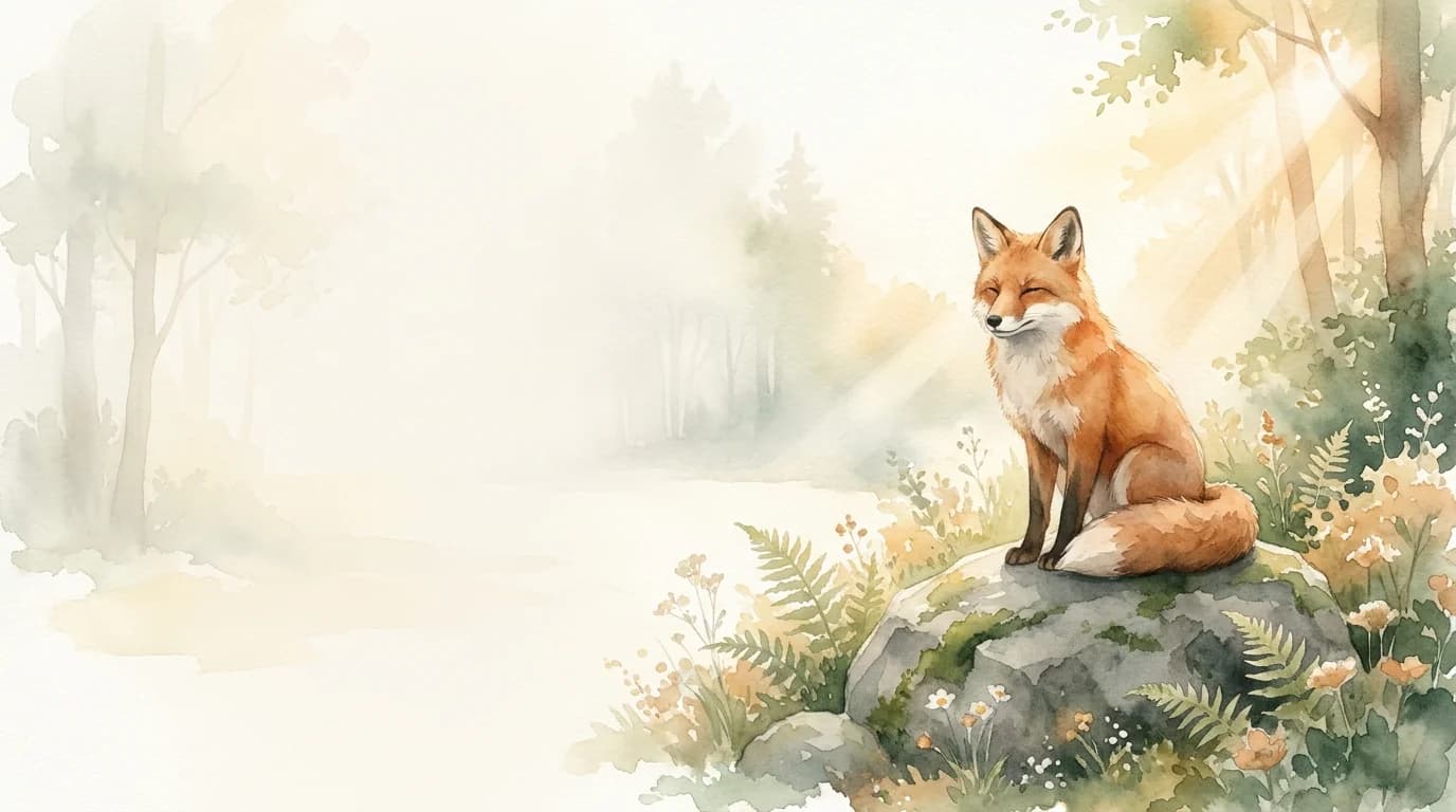 Un renard roux assis paisiblement sur un rocher moussu, au bord d'une clairière baignée d'une lumière dorée — la métaphore Yugen