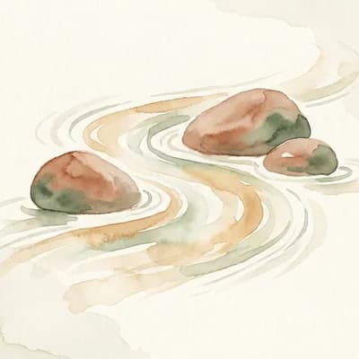 Le Flux Adaptatif — eau aquarelle contournant des galets